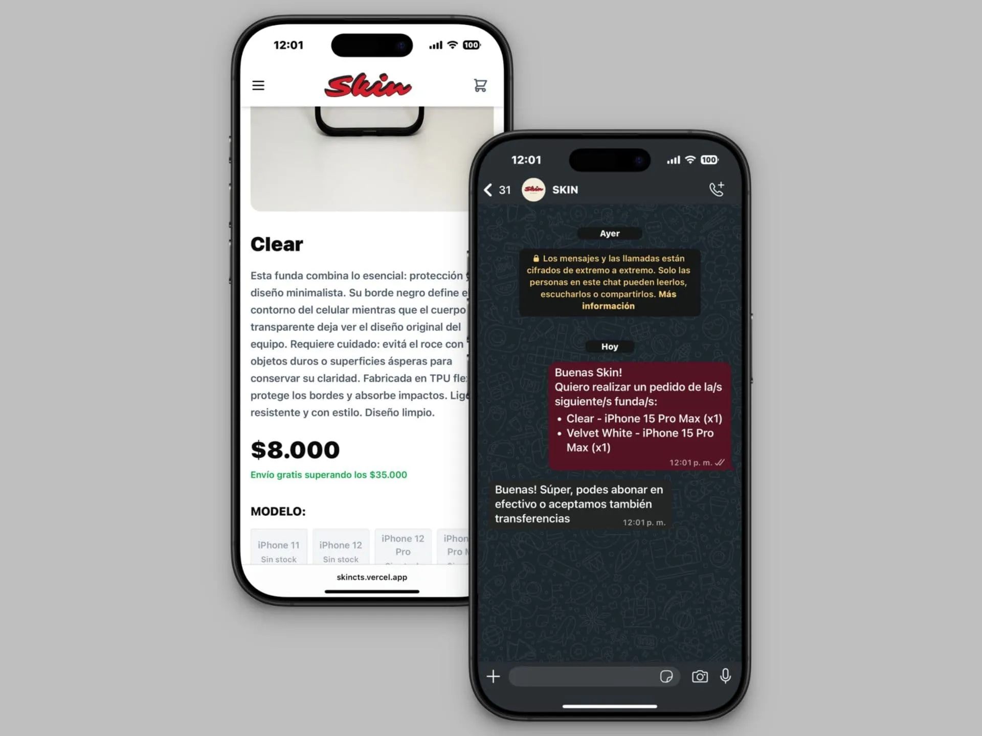 Sitio web de Skin, catálogo de accesorios para móviles